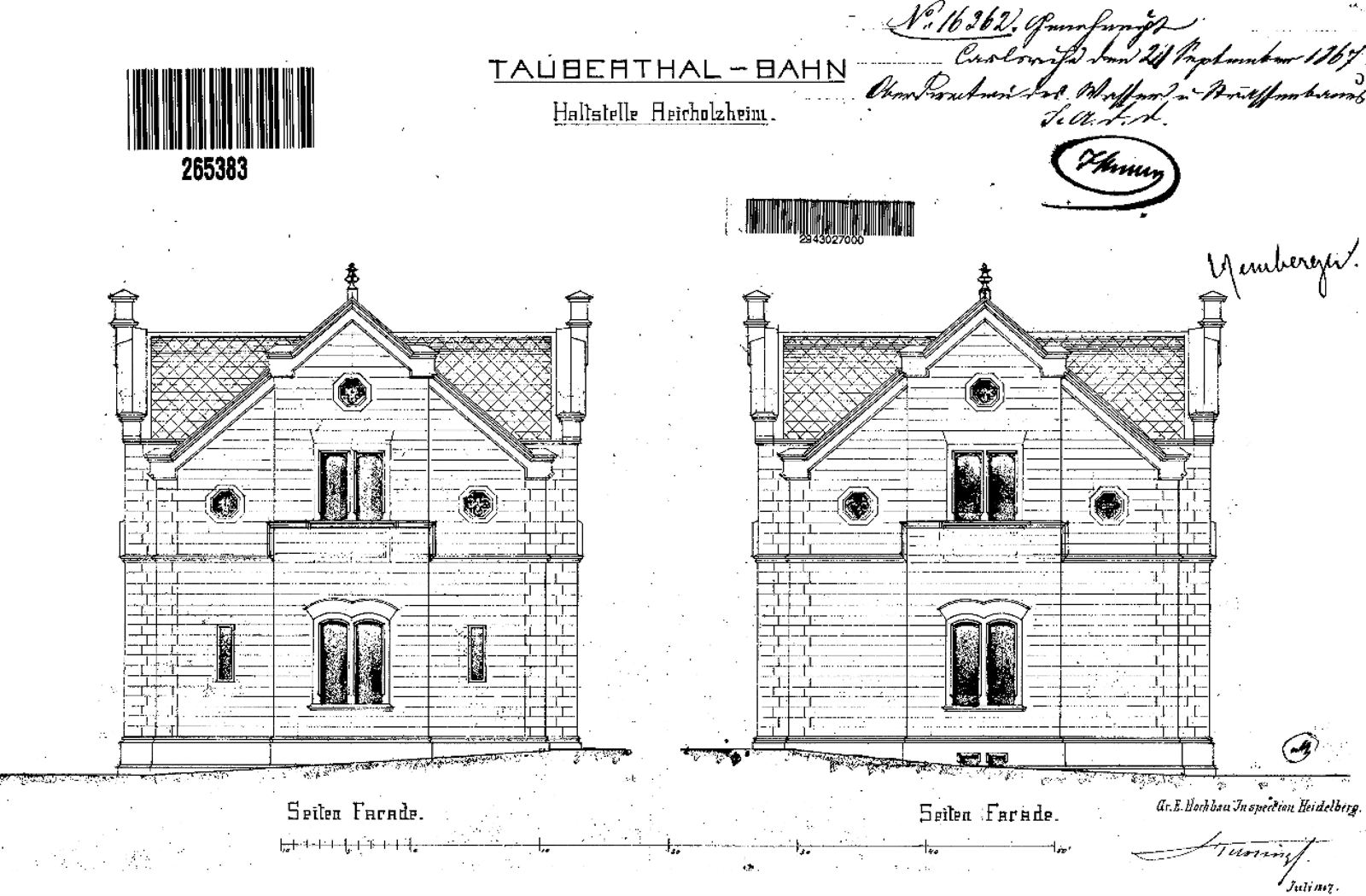 Original-Bauplan für das Empfangsgebäude des Bahnhofs Reicholzheim