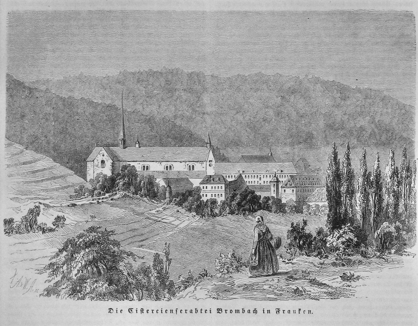 Die Cistercienserabtei Bronnbach in Franken — Holzstich aus der Gartenlaube