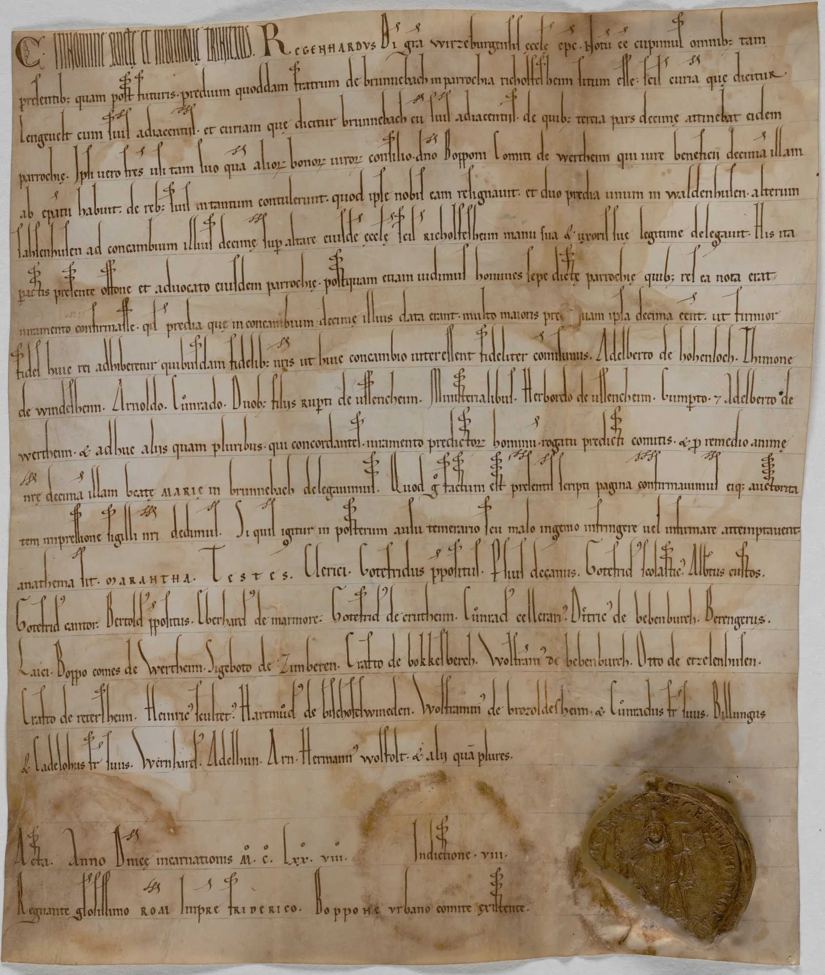Die Urkunde von 1178: Bischof Reinhard (Regenhard) von Würzburg beurkundet den Tauschvertrag der Abtei Bronnbach mit der Pfarrei Reicholzheim — rechts unten das Wachssiegel.